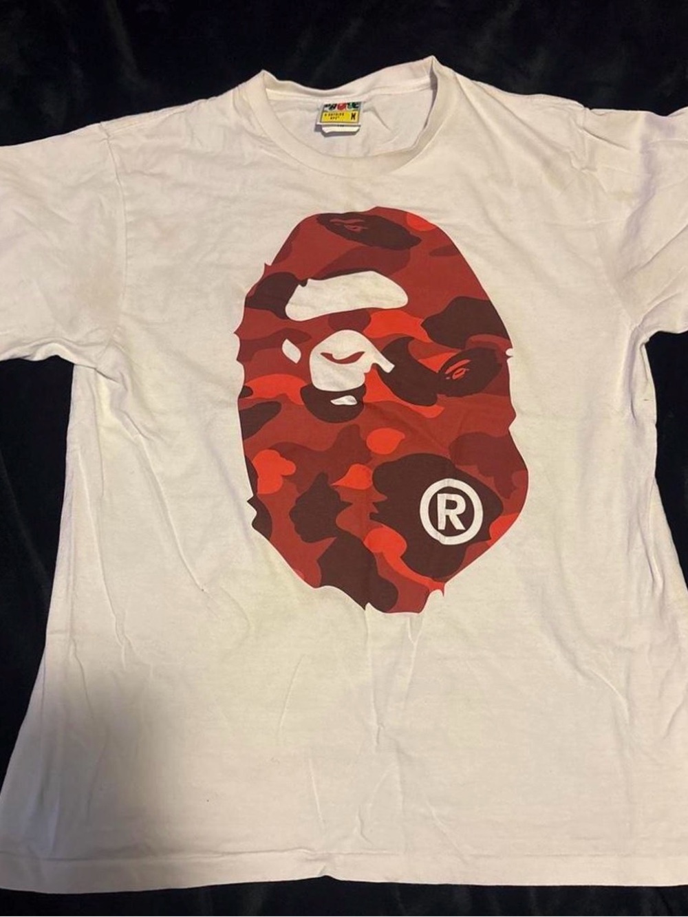 Bape White Short Sleeve Tee with Red Camo Ape Head